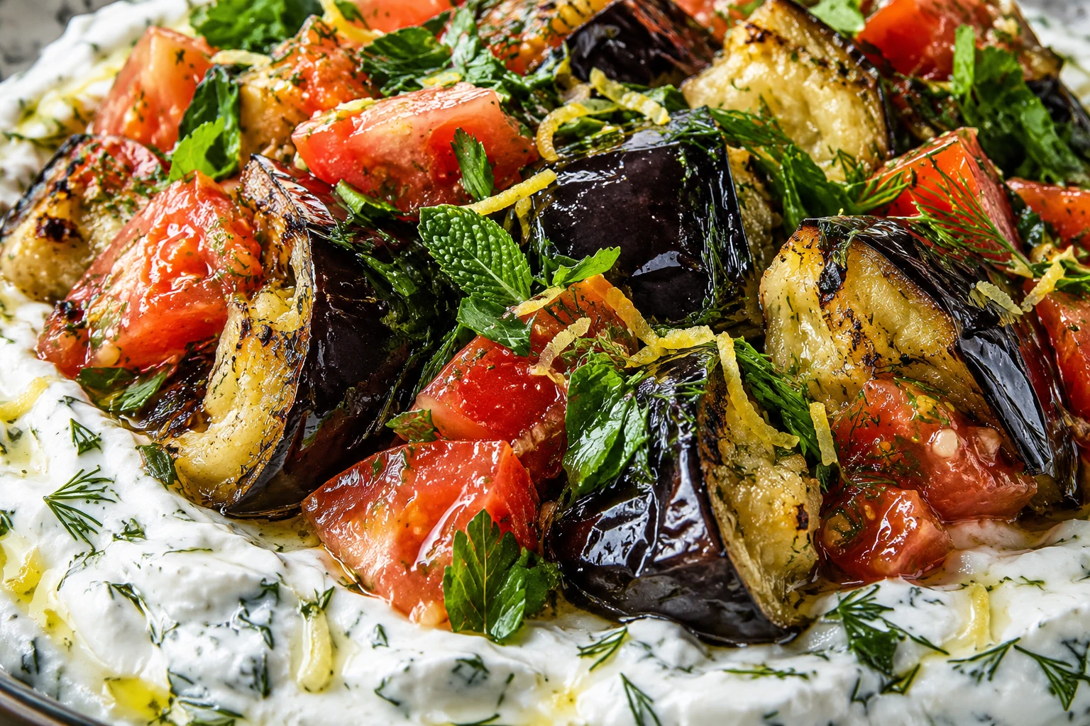Tender eggplant and glossy tomatoes sit in a close view of lemony herbed yogurt.