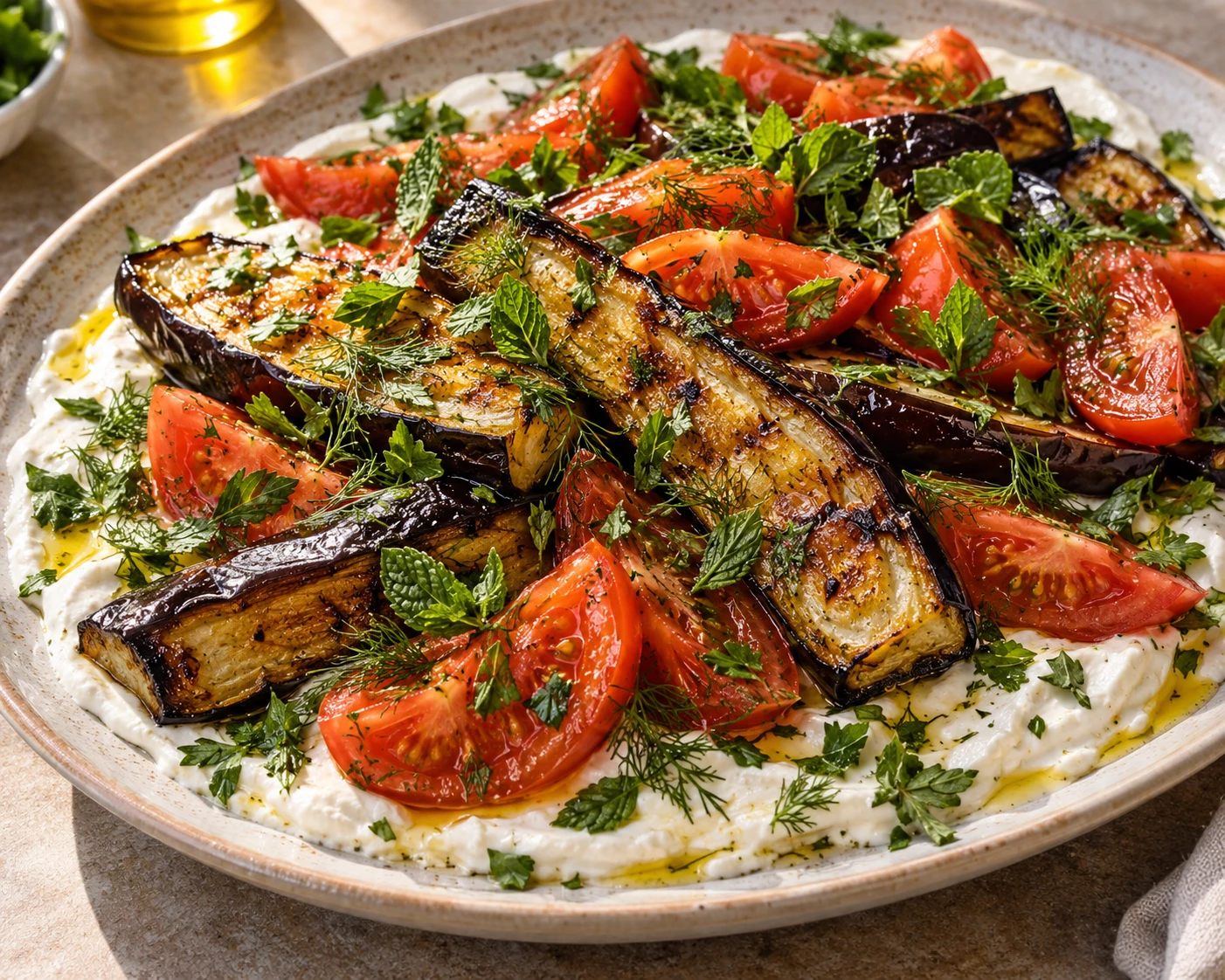Charred eggplant and juicy tomato wedges rest over thick yogurt flecked with mint and dill.