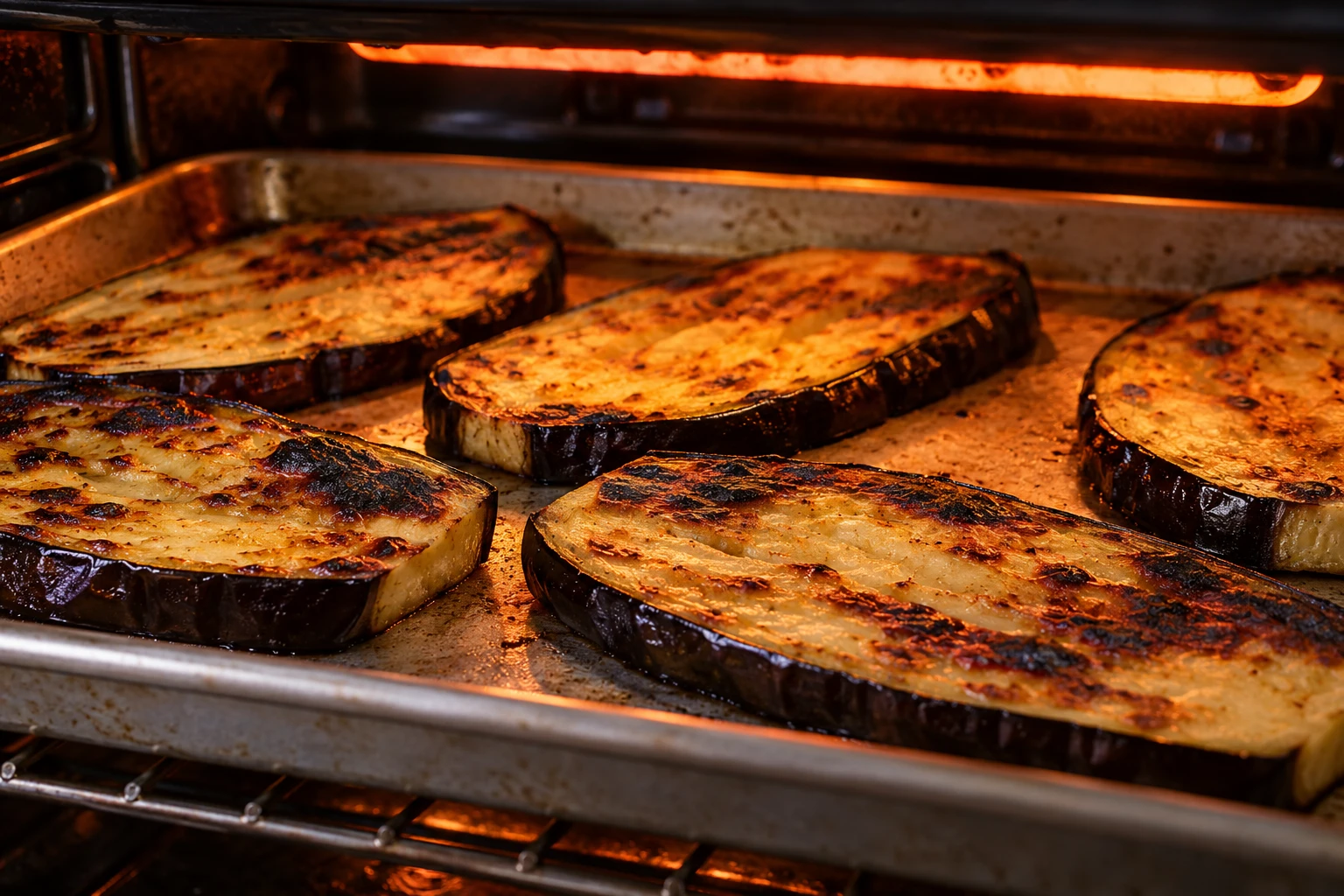 Eggplant planks develop dark charred patches beneath a broiler while the flesh softens.