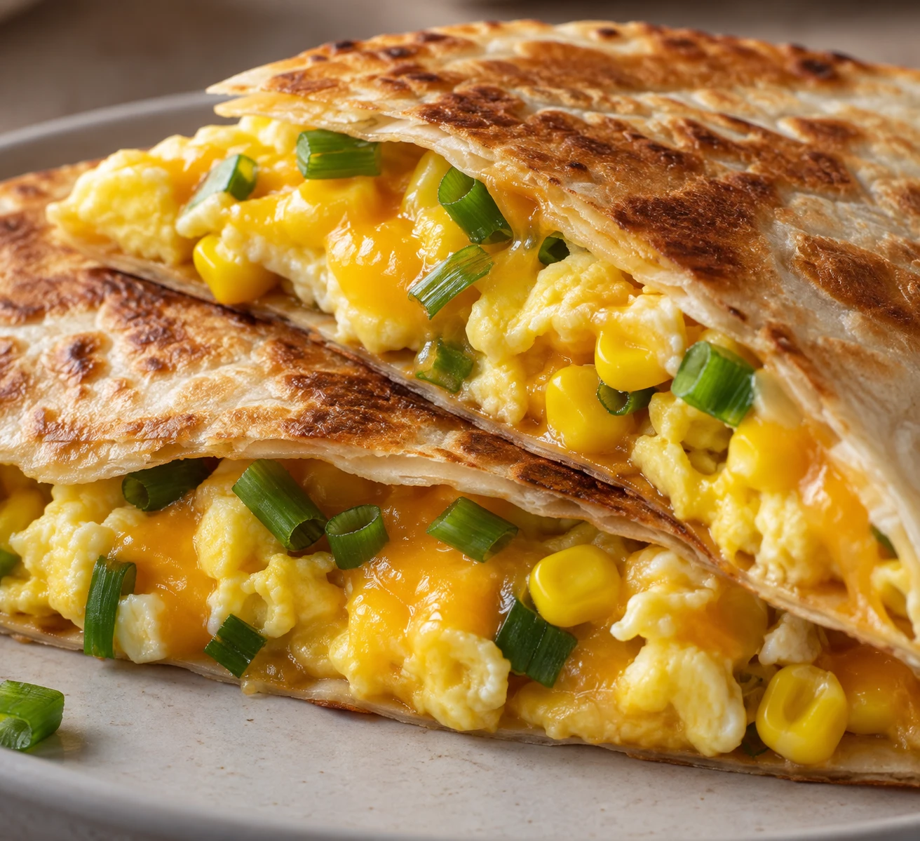 Crisp tortilla reveals tender egg, corn, and melted cheddar beneath scallion greens.
