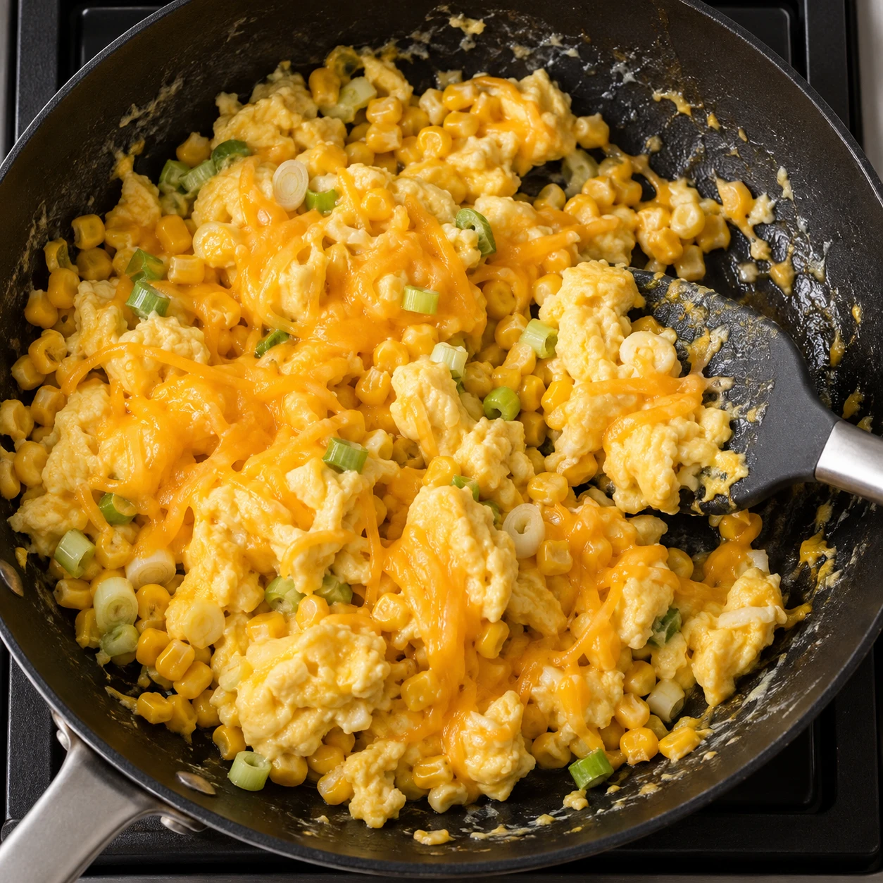 Hot corn and scallion whites are folded with soft eggs and cheddar in a skillet.