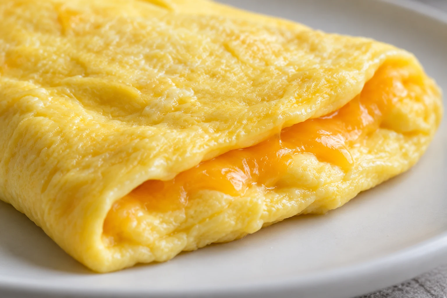 Tender pale eggs fold around soft melted cheddar in a close view of the finished omelet.