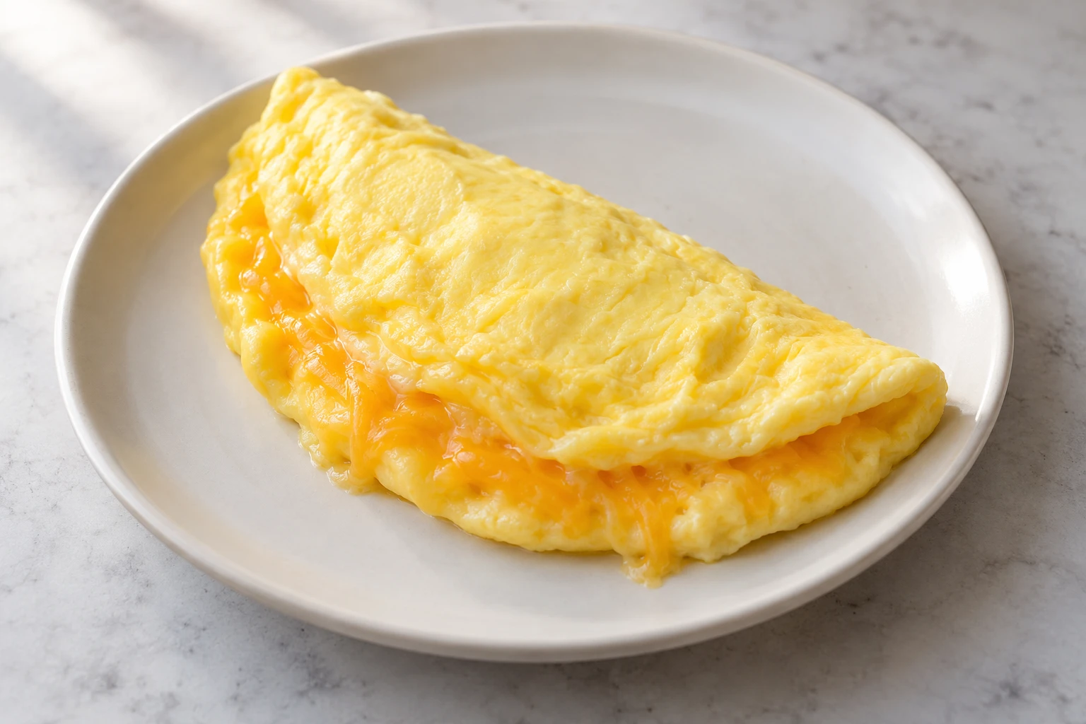 A soft folded cheddar omelet rests on a white plate with melted cheese showing at its edge.