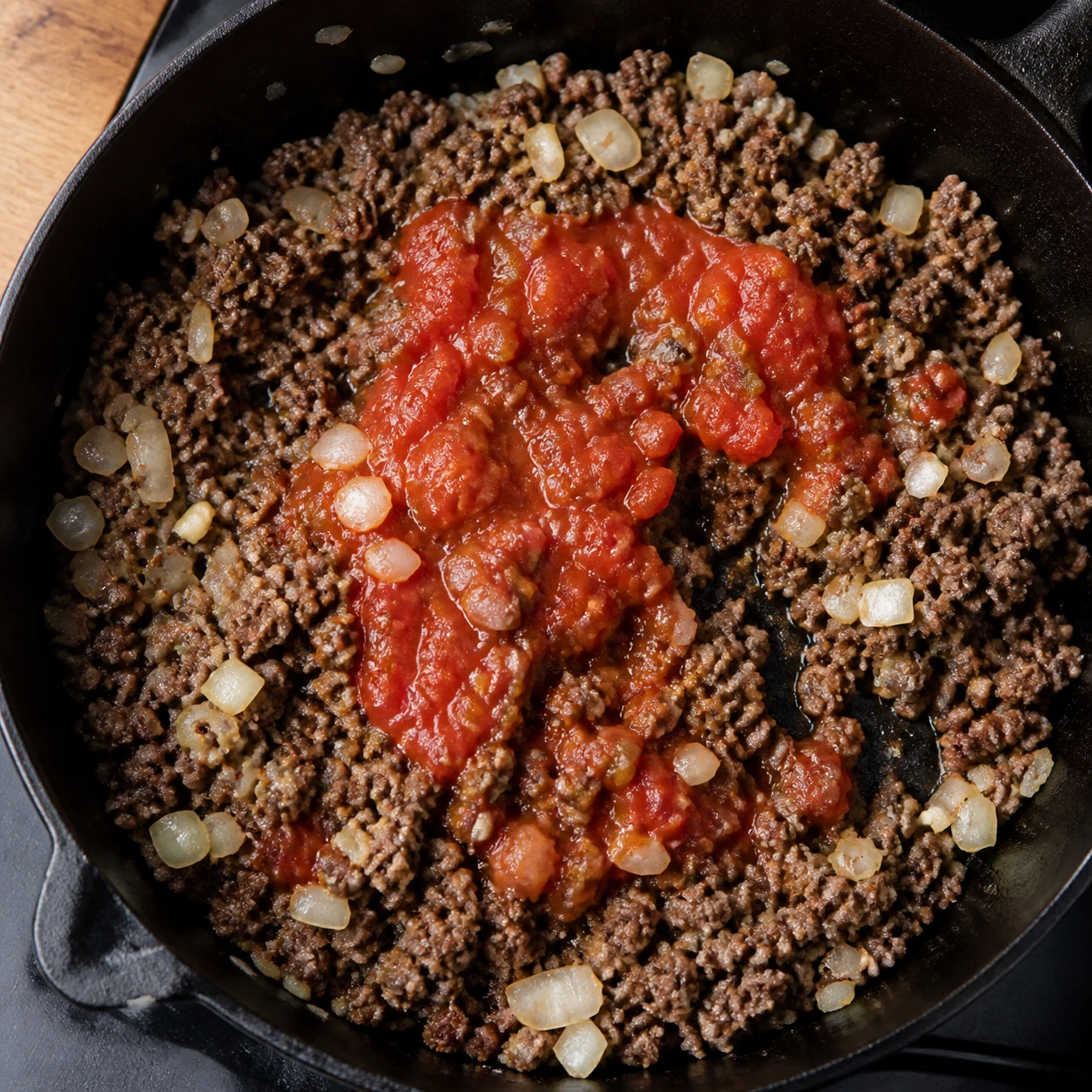 Craggy browned ground beef cooks with diced onion, garlic, spices, and a small amount of red salsa in a skillet.