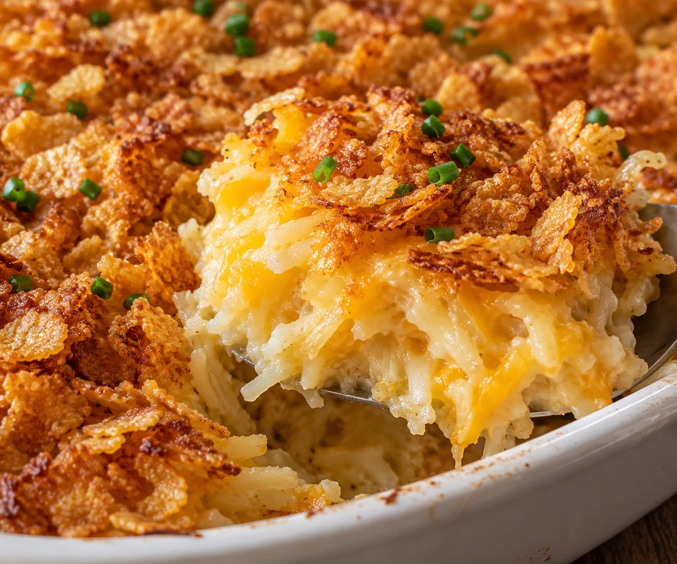 A close serving shows tender potato shreds under bubbling cheese and a browned buttery crust.