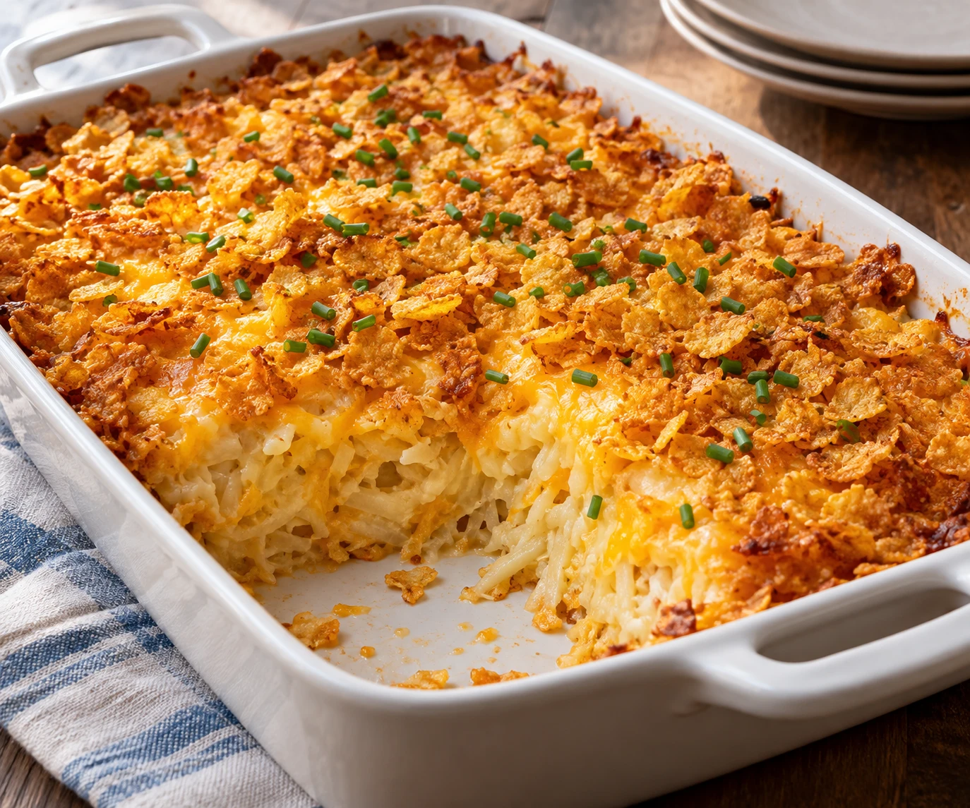 Golden cheesy hash brown casserole with a crisp cornflake crust and chopped chives in a ceramic dish.