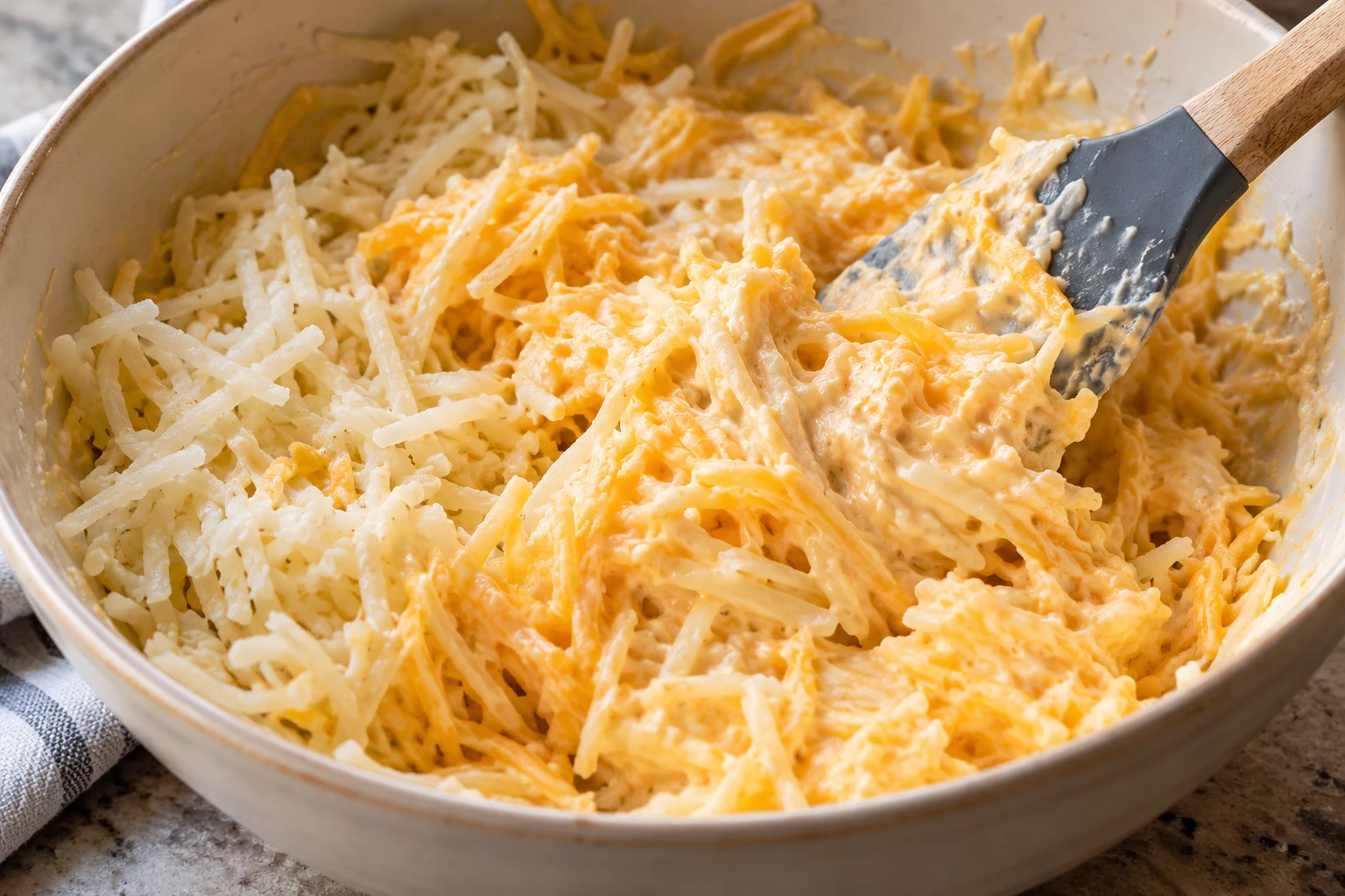 Distinct shredded potatoes are gently folded through creamy cheddar sauce in a wide bowl.