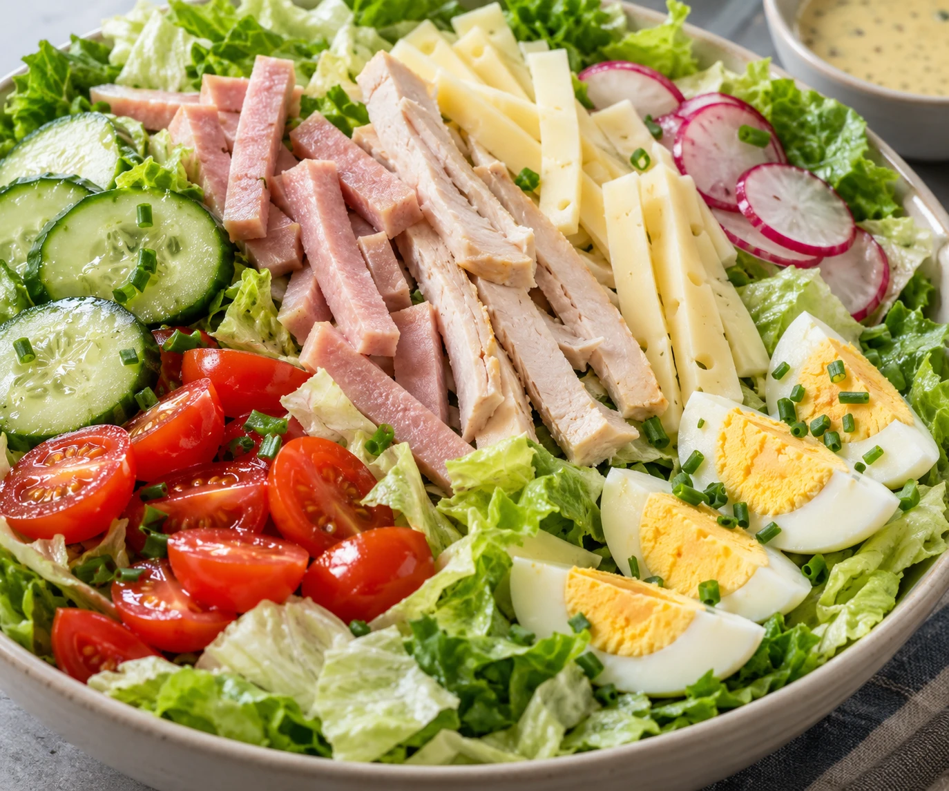 Close view of crisp lettuce, distinct deli strips, radish, tomato, cucumber, egg, and chives beside creamy Dijon dressing.