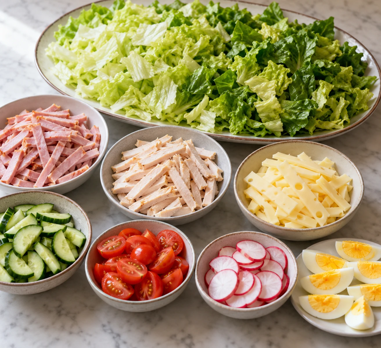 Separate bowls and small piles of sliced deli meats, Swiss, vegetables, and eggs are ready to arrange over dry chilled lettuce.