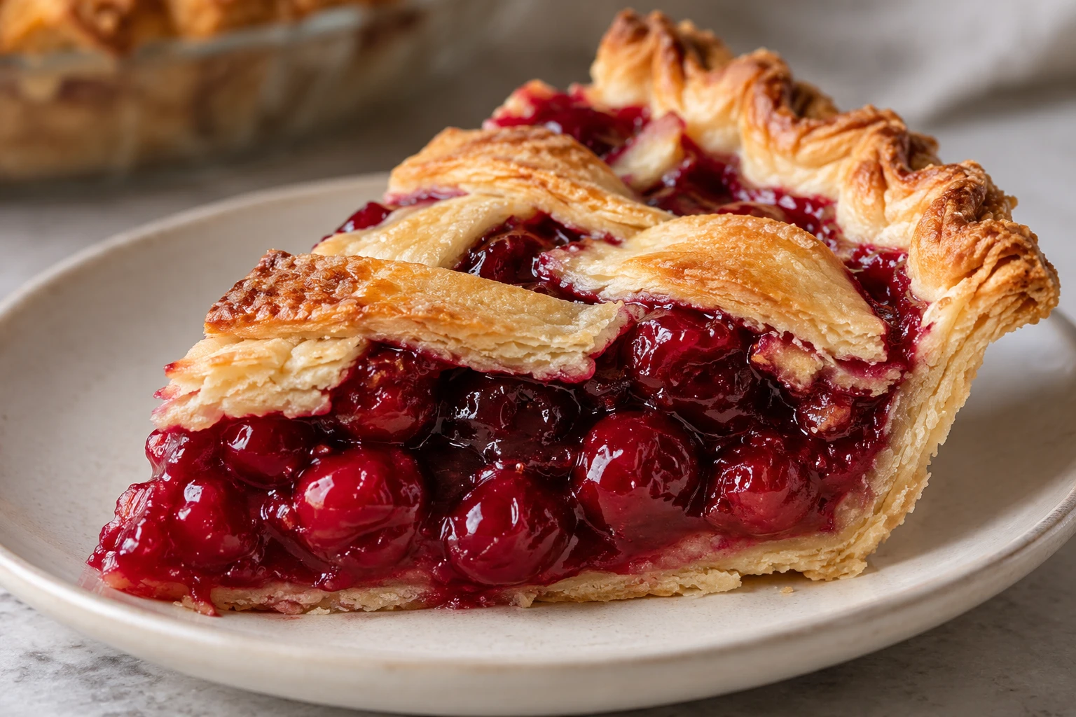 A cherry pie slice shows thick red filling and distinct flaky pastry layers.