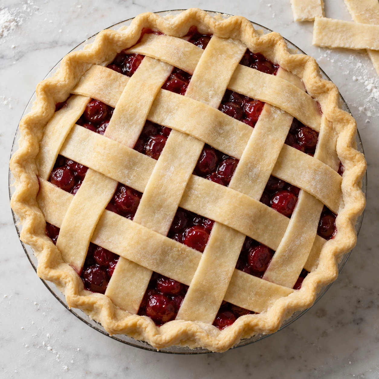 Pastry strips are woven over sour cherry filling in a pie plate before baking.
