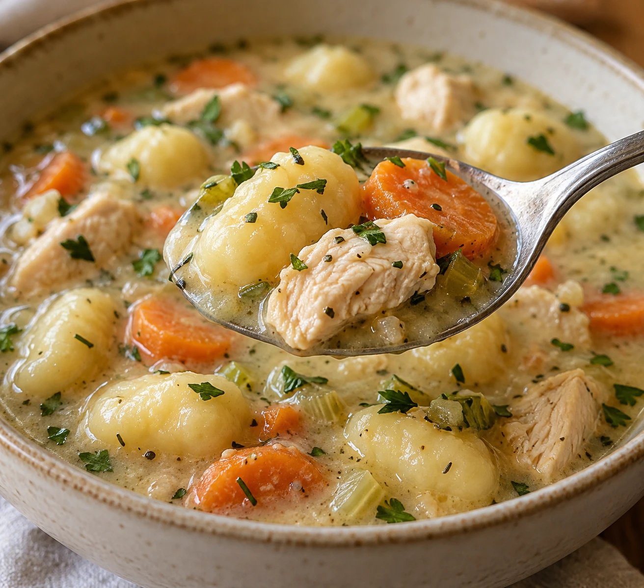 A spoon lifts intact potato gnocchi, chicken, and carrot from the thin creamy stew.