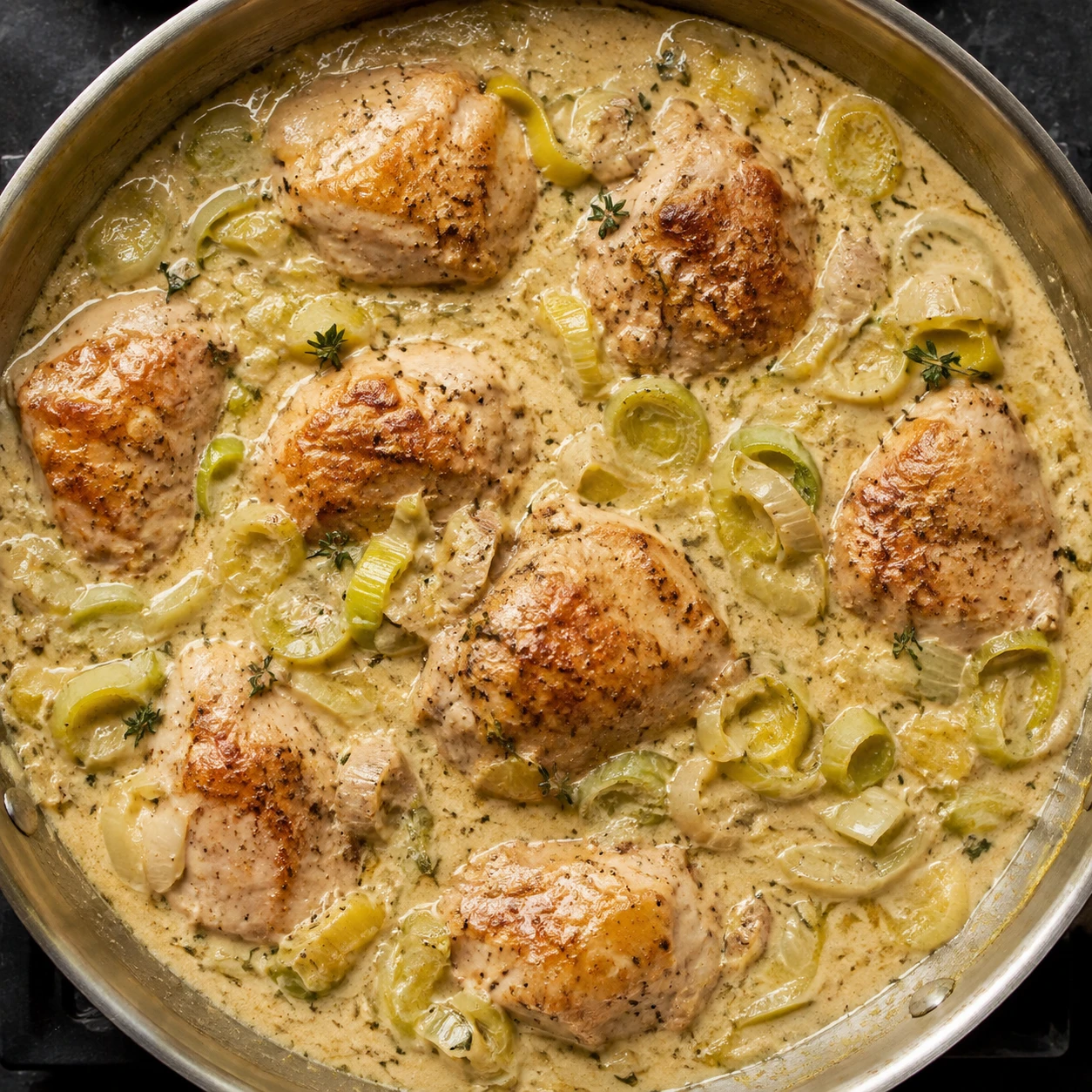 Browned chicken and softened leeks sit in a thick creamy sauce in a large skillet before pastry is added.