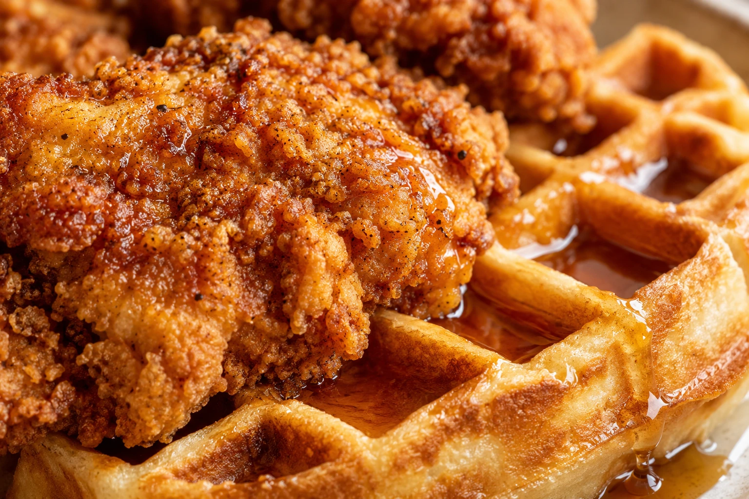 Craggy golden chicken crust sits beside a browned waffle topped with soft honey butter.