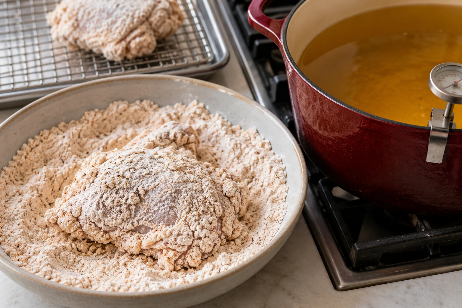 A brined chicken thigh is coated in seasoned flour beside a thermometer and a rack for draining.
