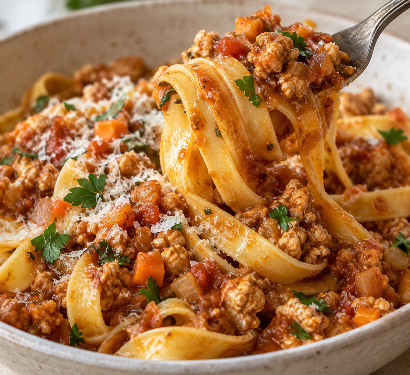 Glossy tagliatelle carries thick chicken ragù with small vegetables, Parmesan, and parsley.