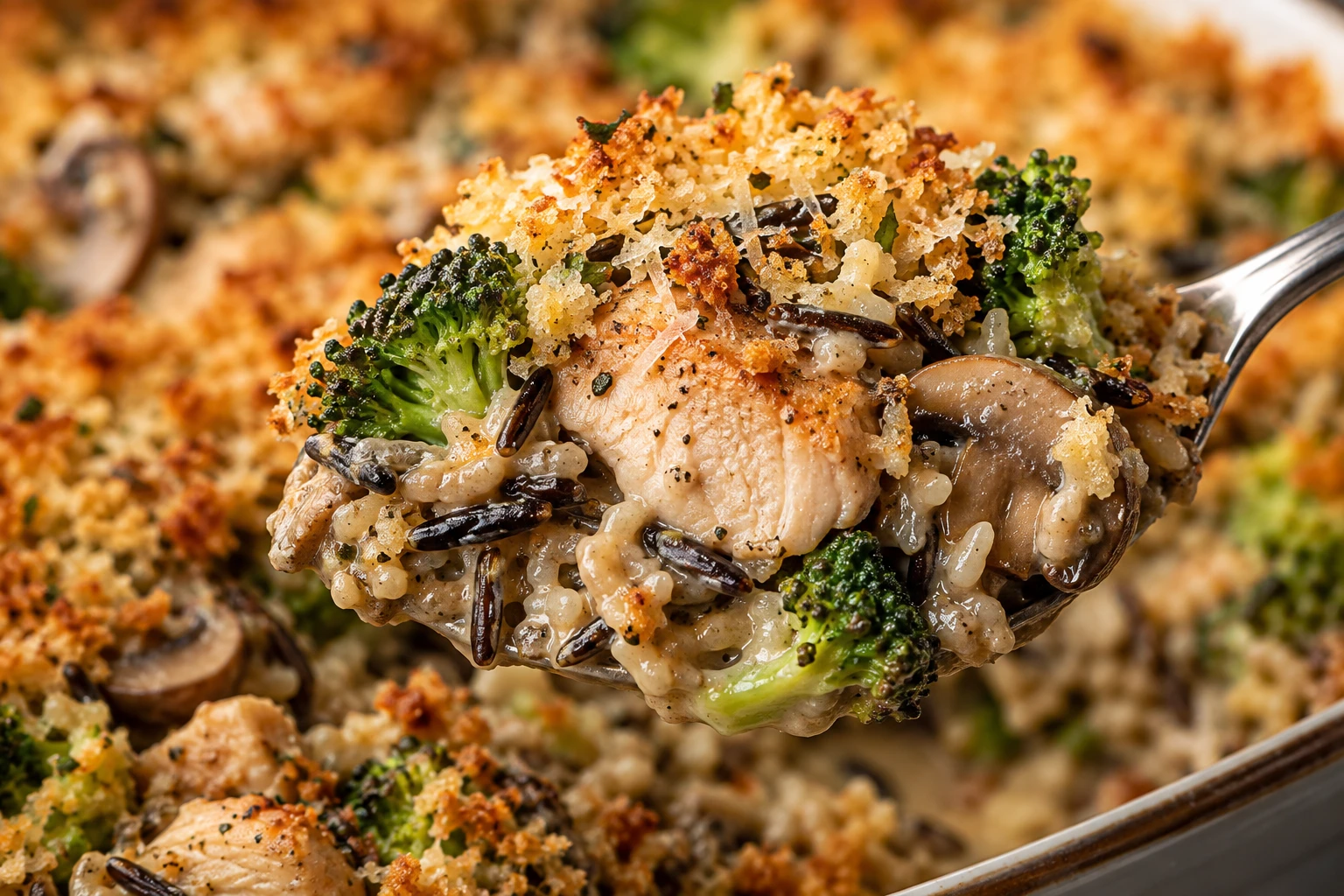 A casserole serving shows juicy chicken, separate wild-rice grains, broccoli, mushrooms, and crisp golden crumbs.