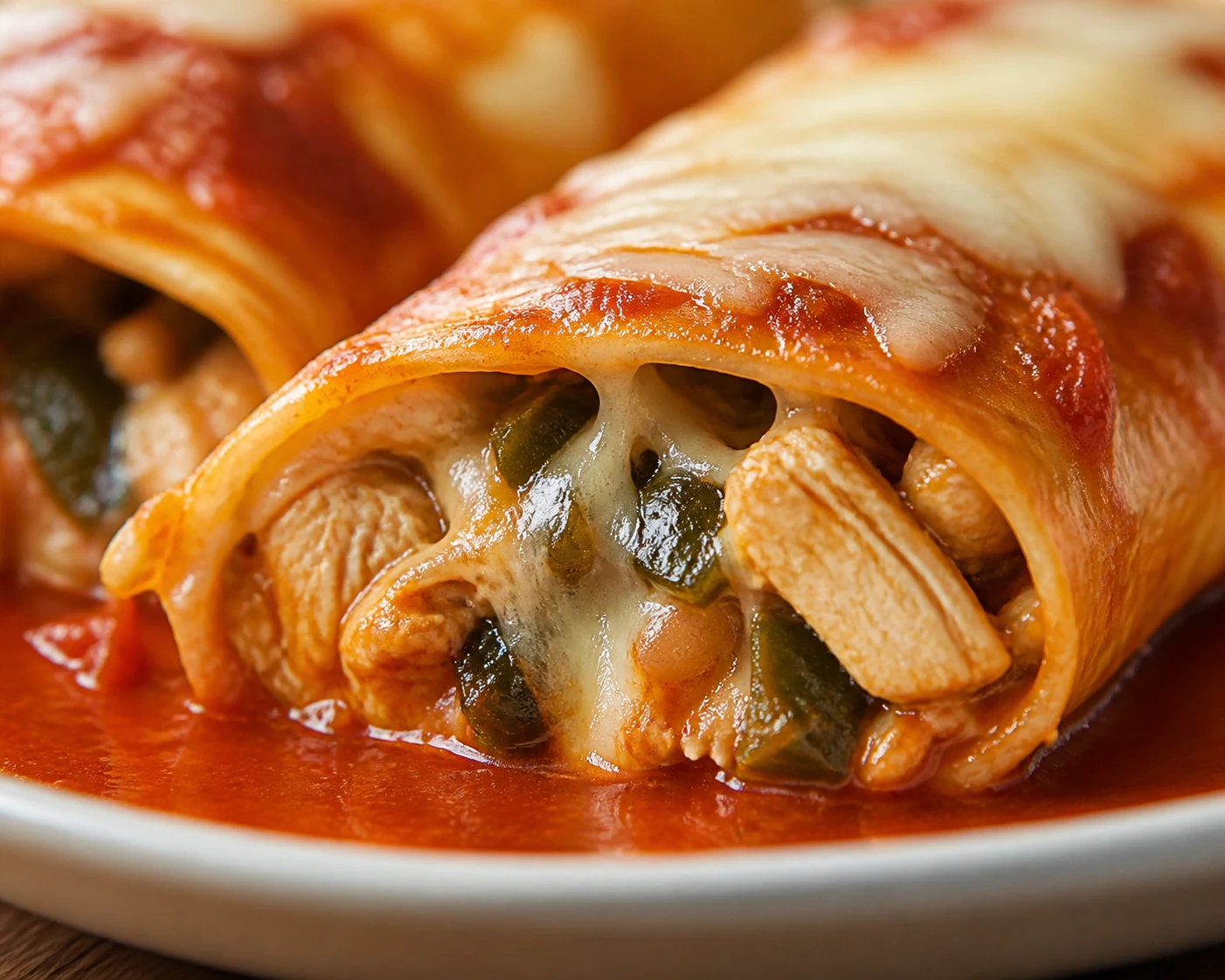 A cut chicken enchilada shows roasted poblano filling, melted cheese, red sauce, and a crisp tortilla edge.