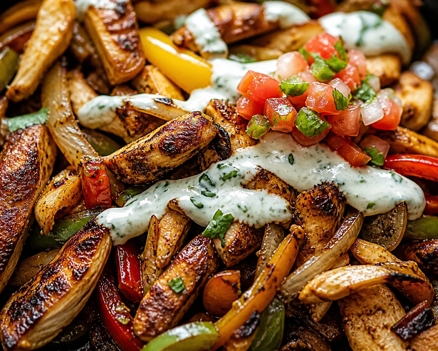 A close view of browned chicken, charred pepper and onion strips, pico de gallo, and lime cream.