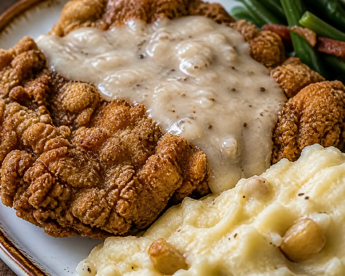 Golden craggy steak crust, pepper-flecked country gravy, and creamy roasted garlic mashed potatoes in close detail.