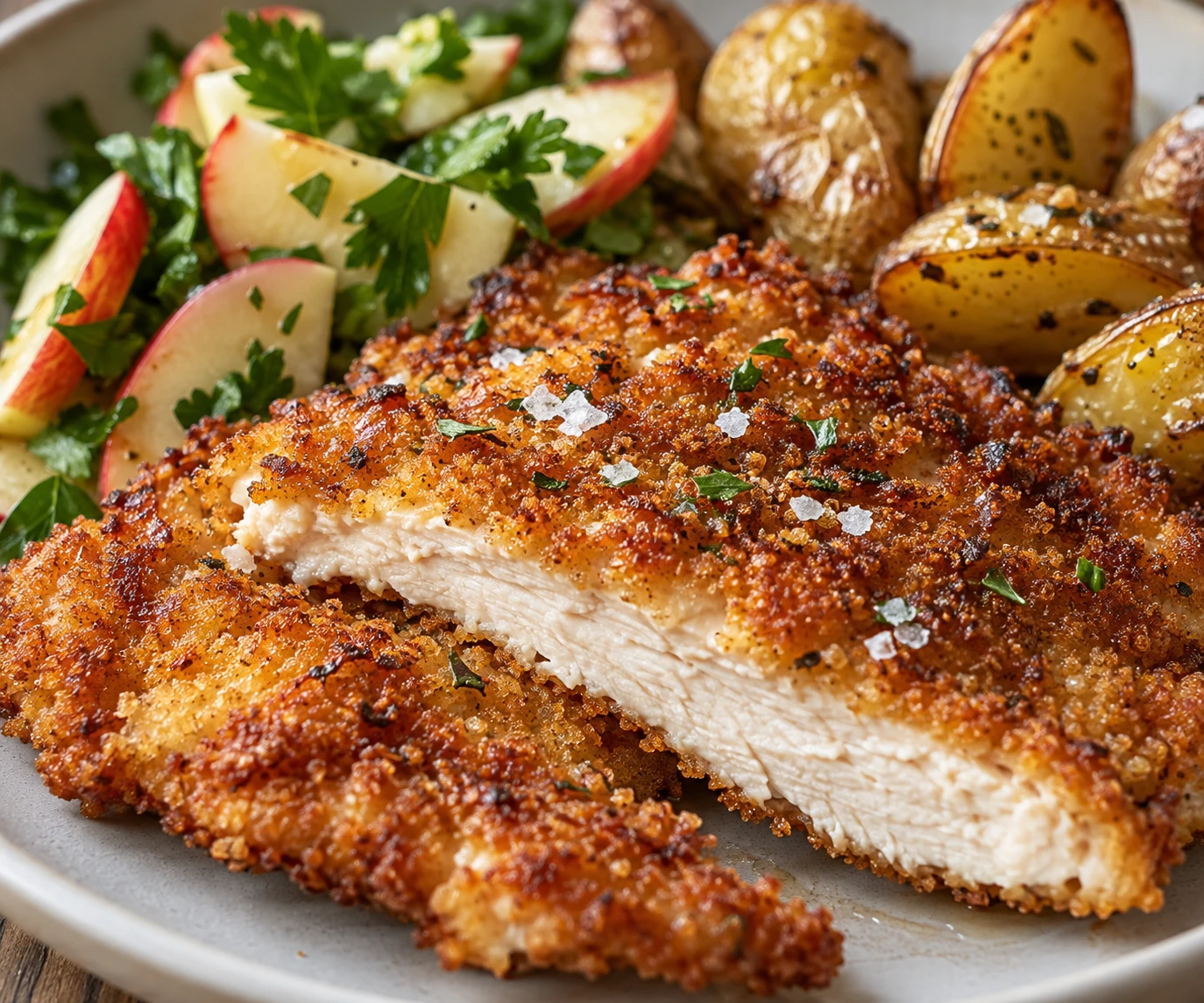 Cut chicken schnitzel shows a golden fine crumb crust and white interior beside roasted fingerling potatoes.
