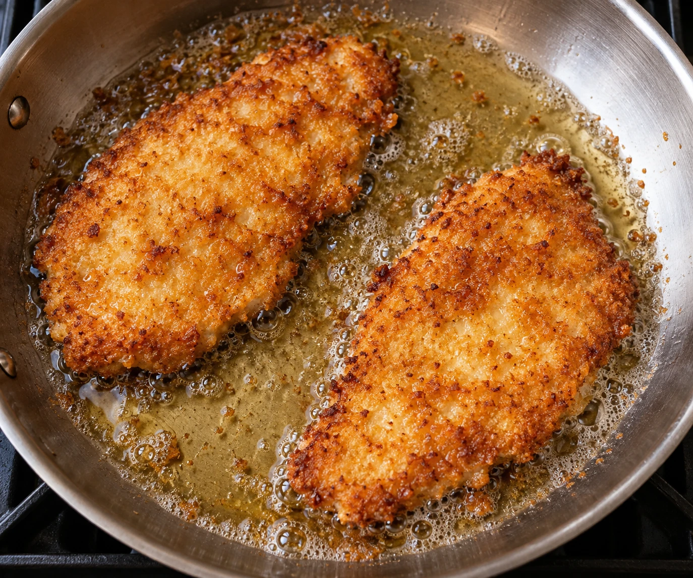 Two fine crumb-coated chicken cutlets shallow-fry in bubbling oil in an uncrowded skillet.