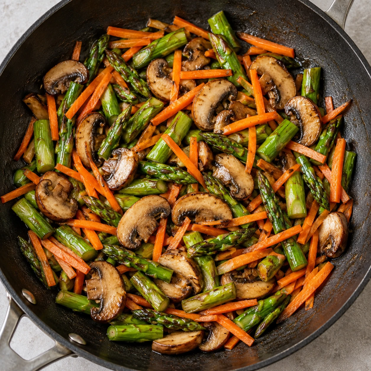 Browned mushroom slices, carrot matchsticks, and bright asparagus stir-fry in an uncovered skillet.