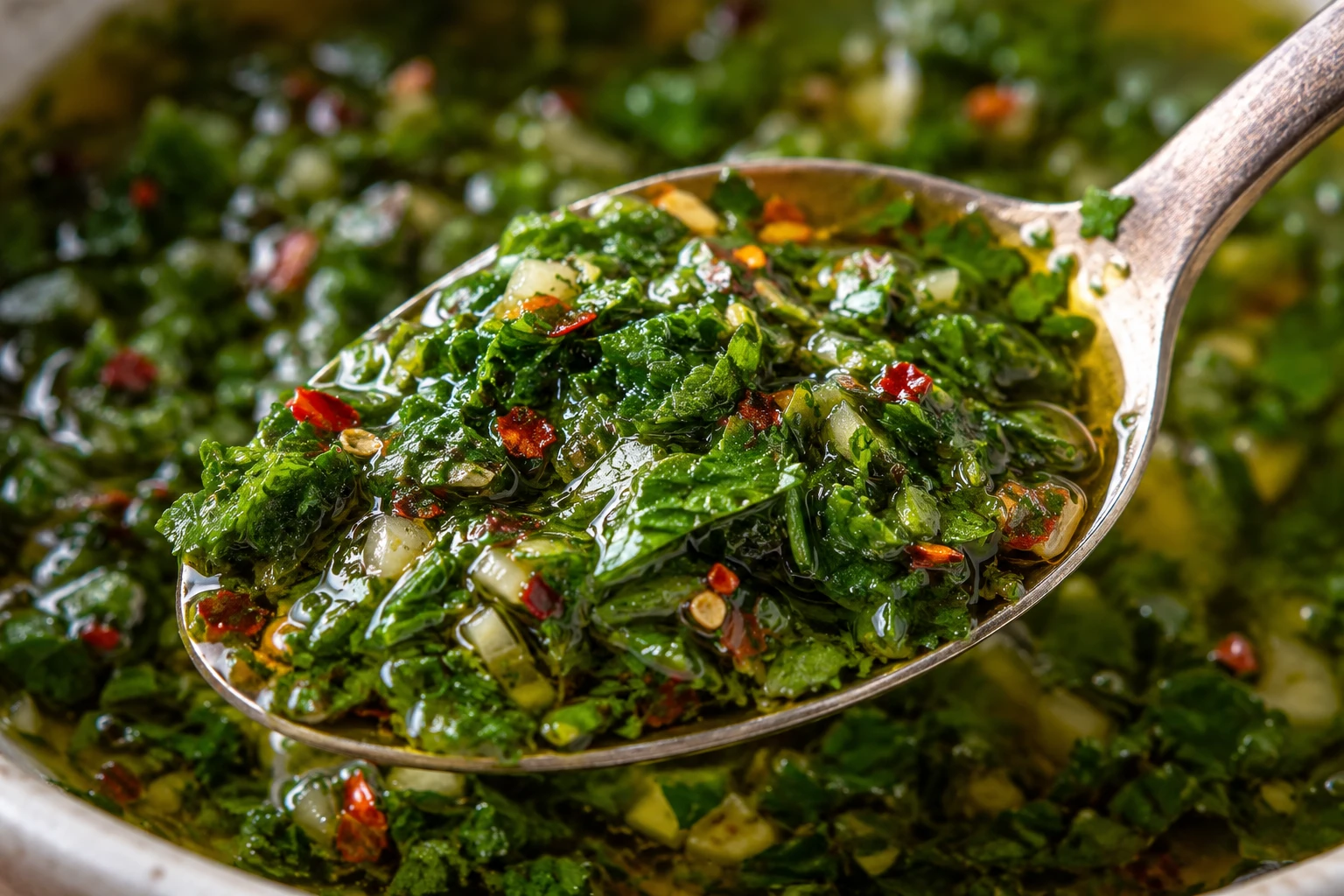 Distinct green herb pieces and red chile flakes remain visible in the loose glossy chimichurri sauce.