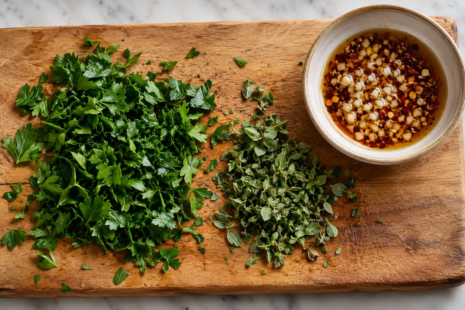 Chopped parsley and oregano sit beside a small bowl of garlic, vinegar, salt, and chile before mixing.
