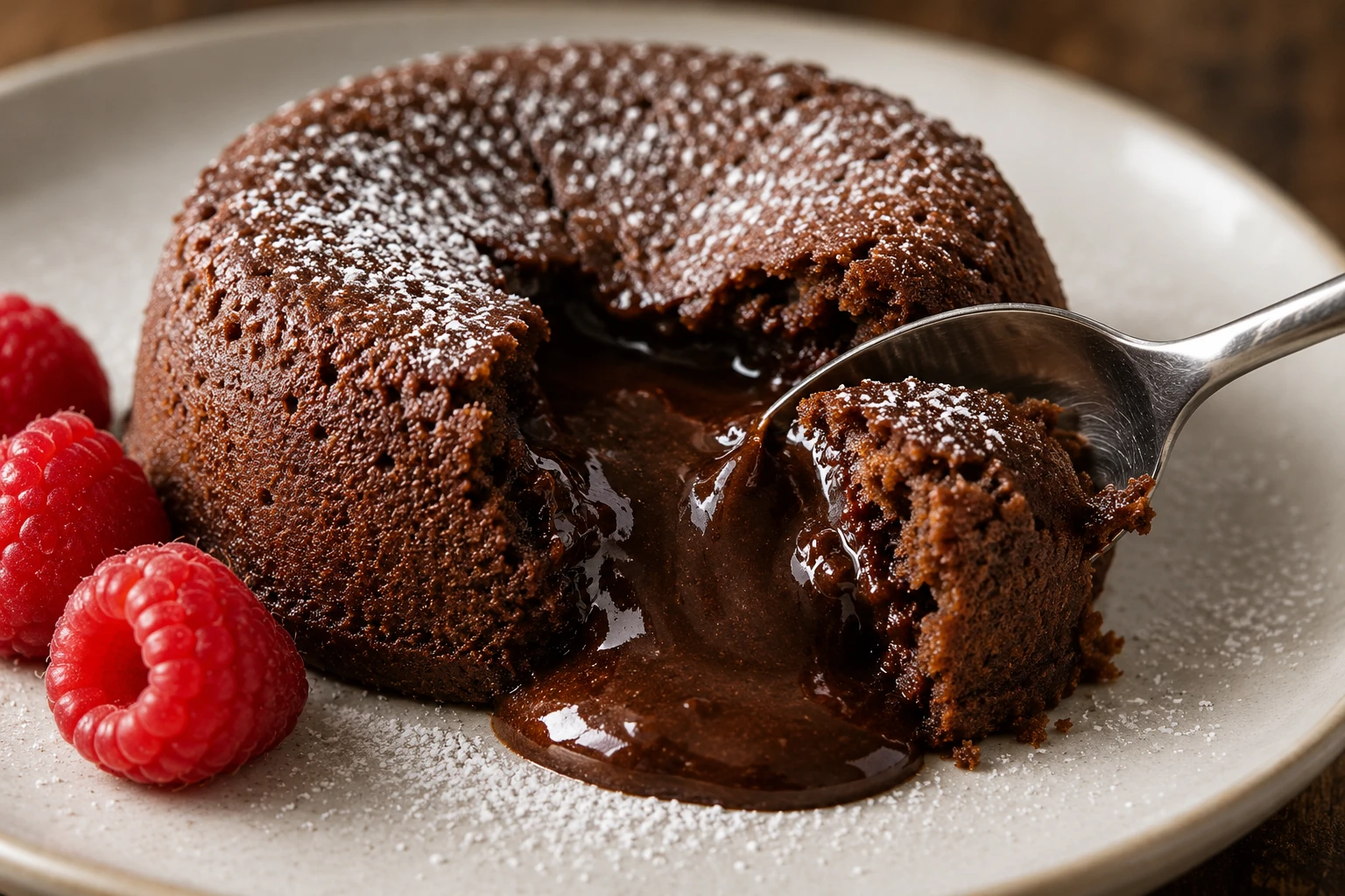 A spoon opens the tender cake shell as its warm chocolate center flows beside fresh raspberries.