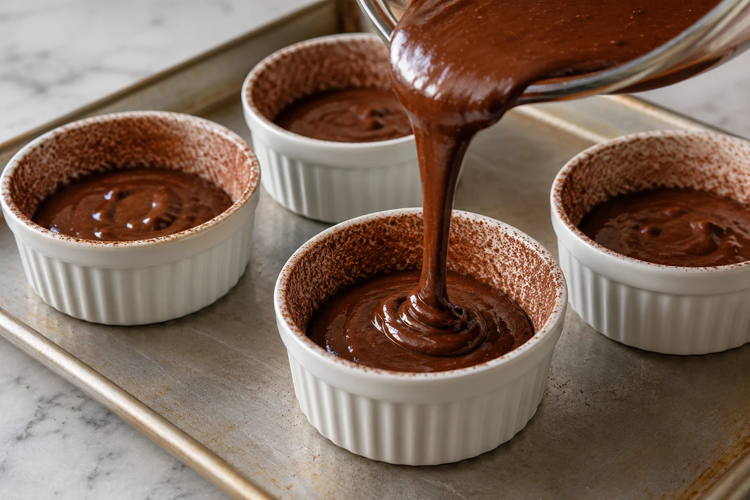 Smooth chocolate batter fills buttered ramekins dusted with cocoa before baking.