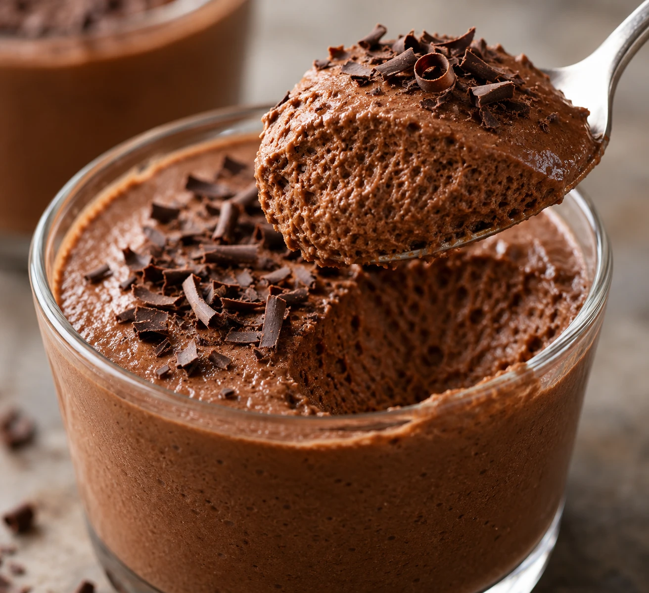 A spoon lifts softly set chocolate mousse topped with fine bittersweet chocolate curls.