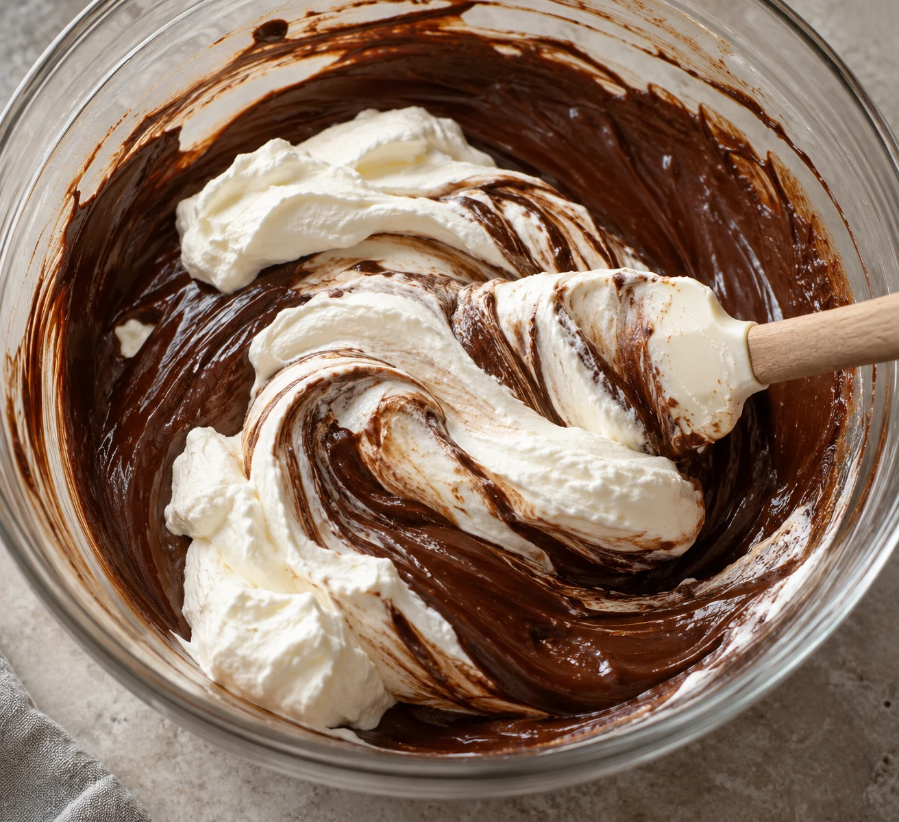 Soft whipped cream is being folded into a smooth chocolate base before the mousse is portioned.