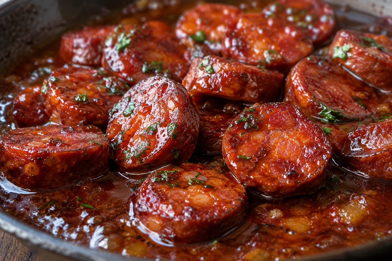 Glossy wine sauce and parsley coat browned Spanish chorizo rounds in a close view.