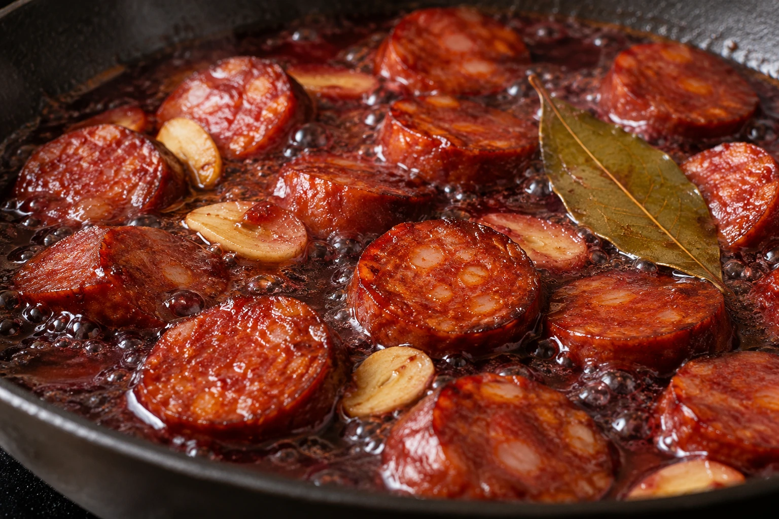 Spanish chorizo rounds simmer with garlic and bay in red wine as the sauce reduces.