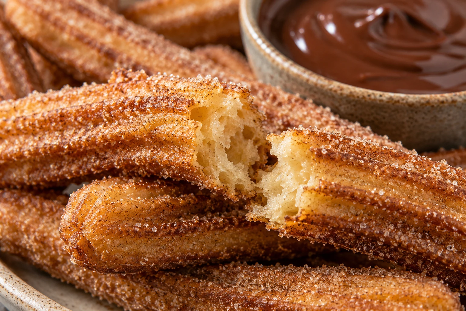 Cinnamon sugar clings to crisp churro ridges beside a smooth chocolate dip.