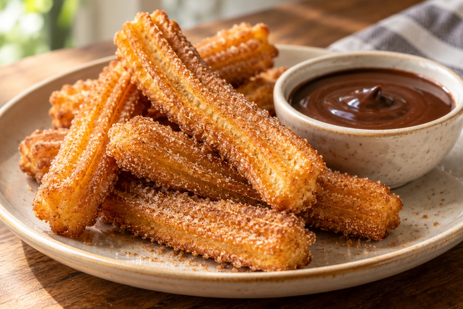 Golden ridged churros coated in cinnamon sugar sit beside a bowl of glossy chocolate dipping sauce.