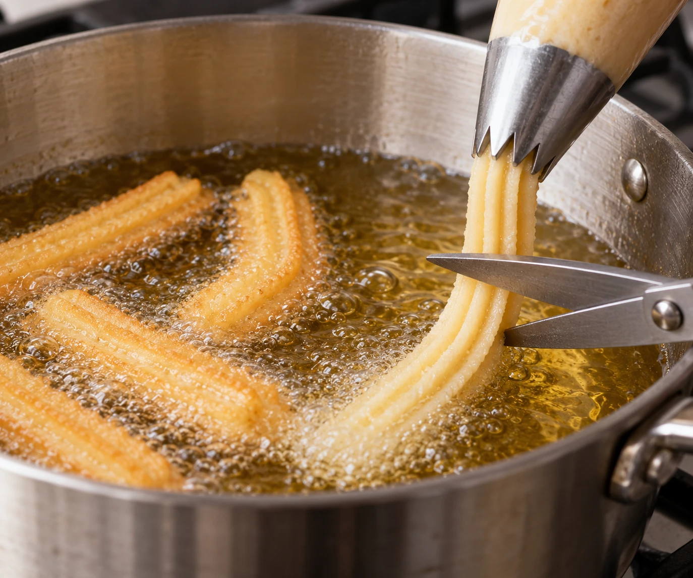 A star-tip piping bag forms a ridged churro strip over a deep pot of hot oil.