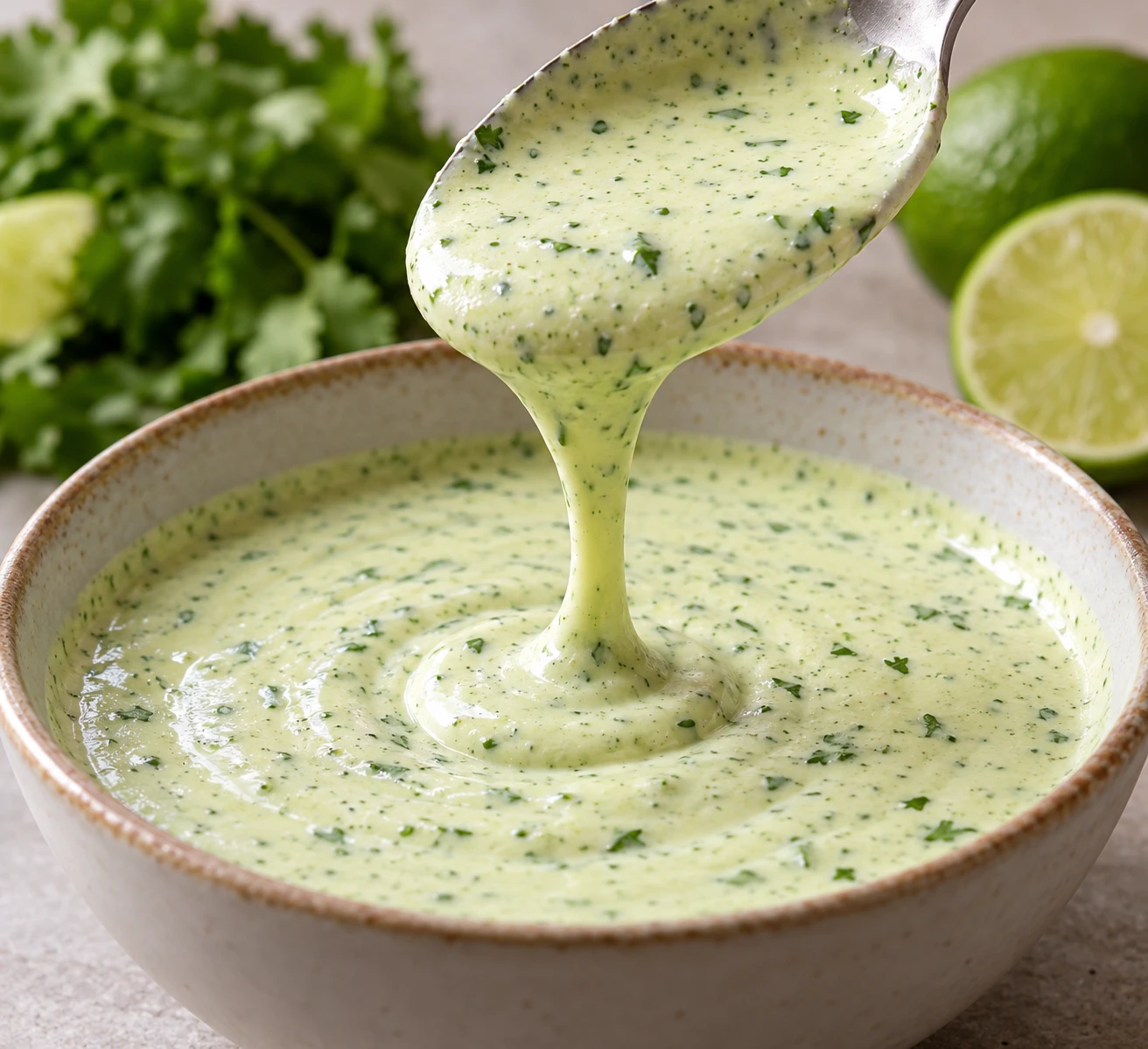 Cilantro-lime crema streams from a spoon in a smooth ribbon with tiny green herb flecks.