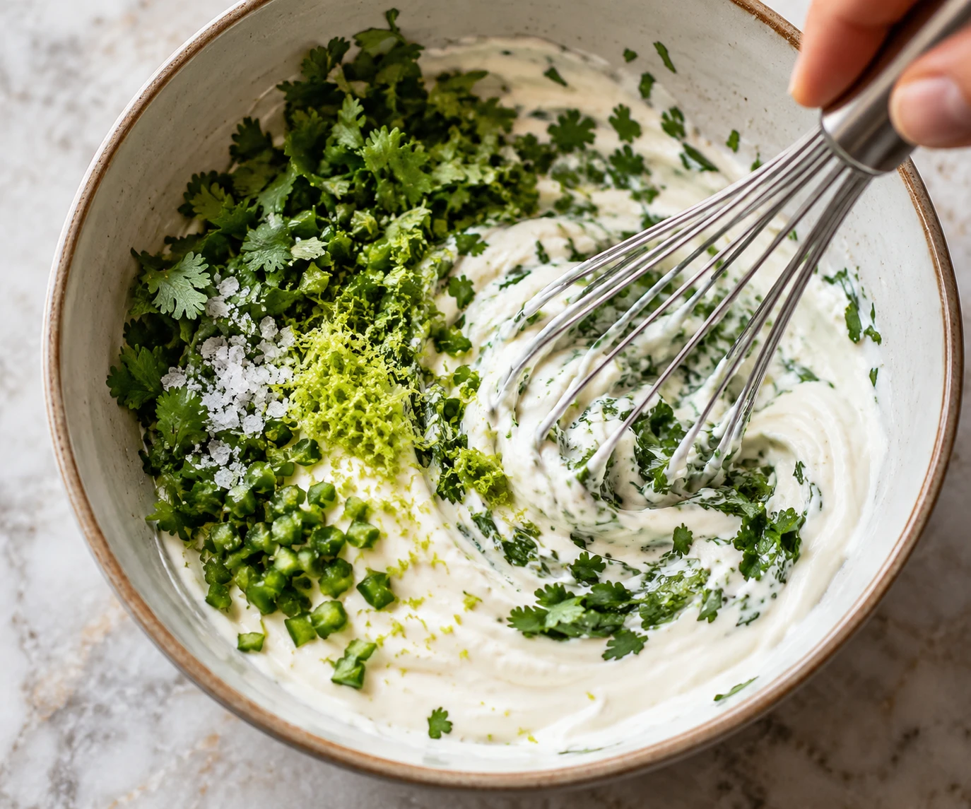 Finely chopped cilantro and lime zest are being stirred into Mexican crema in a mixing bowl.