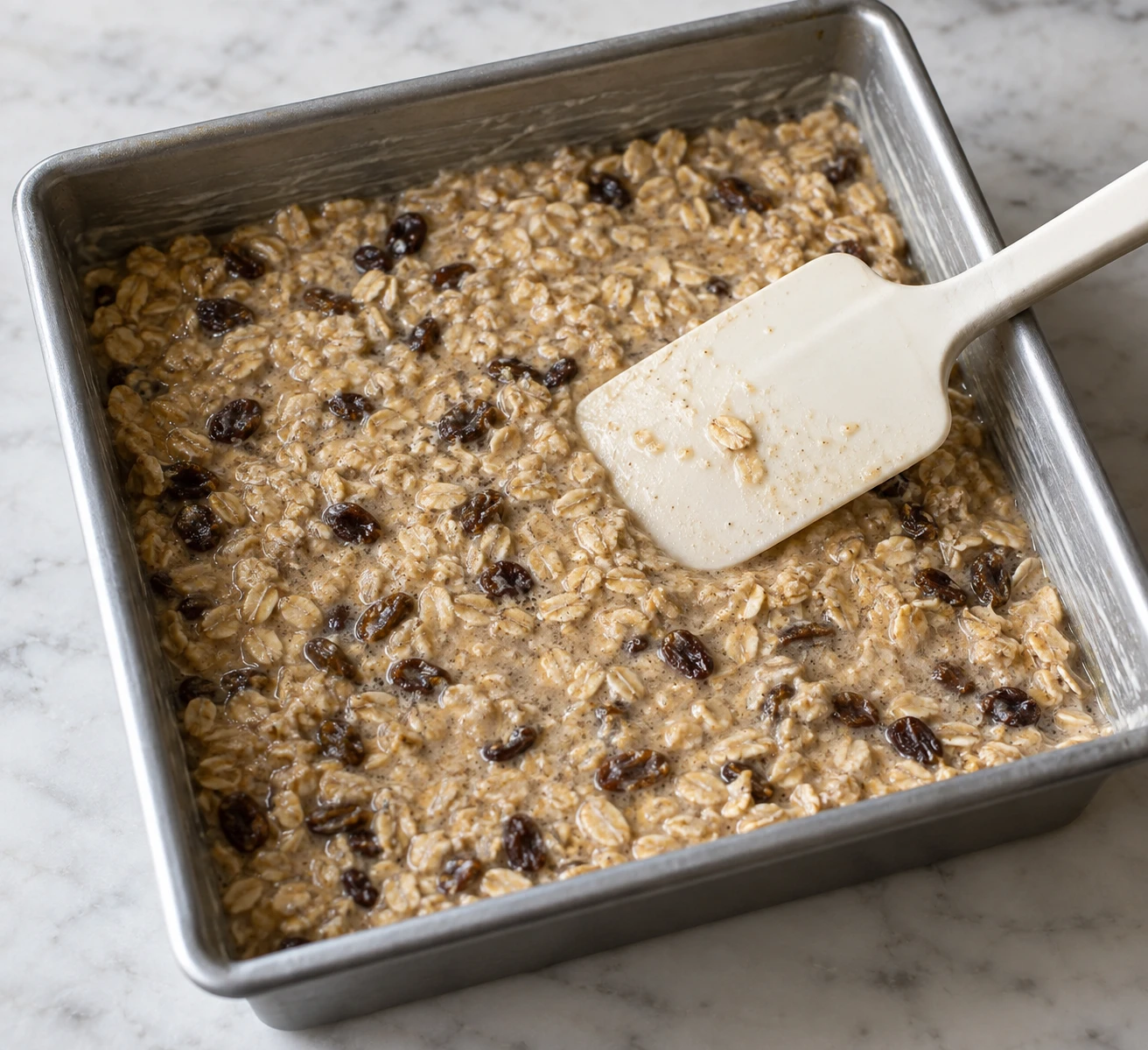 Rolled oats and raisins are spread in the buttered square pan before baking.
