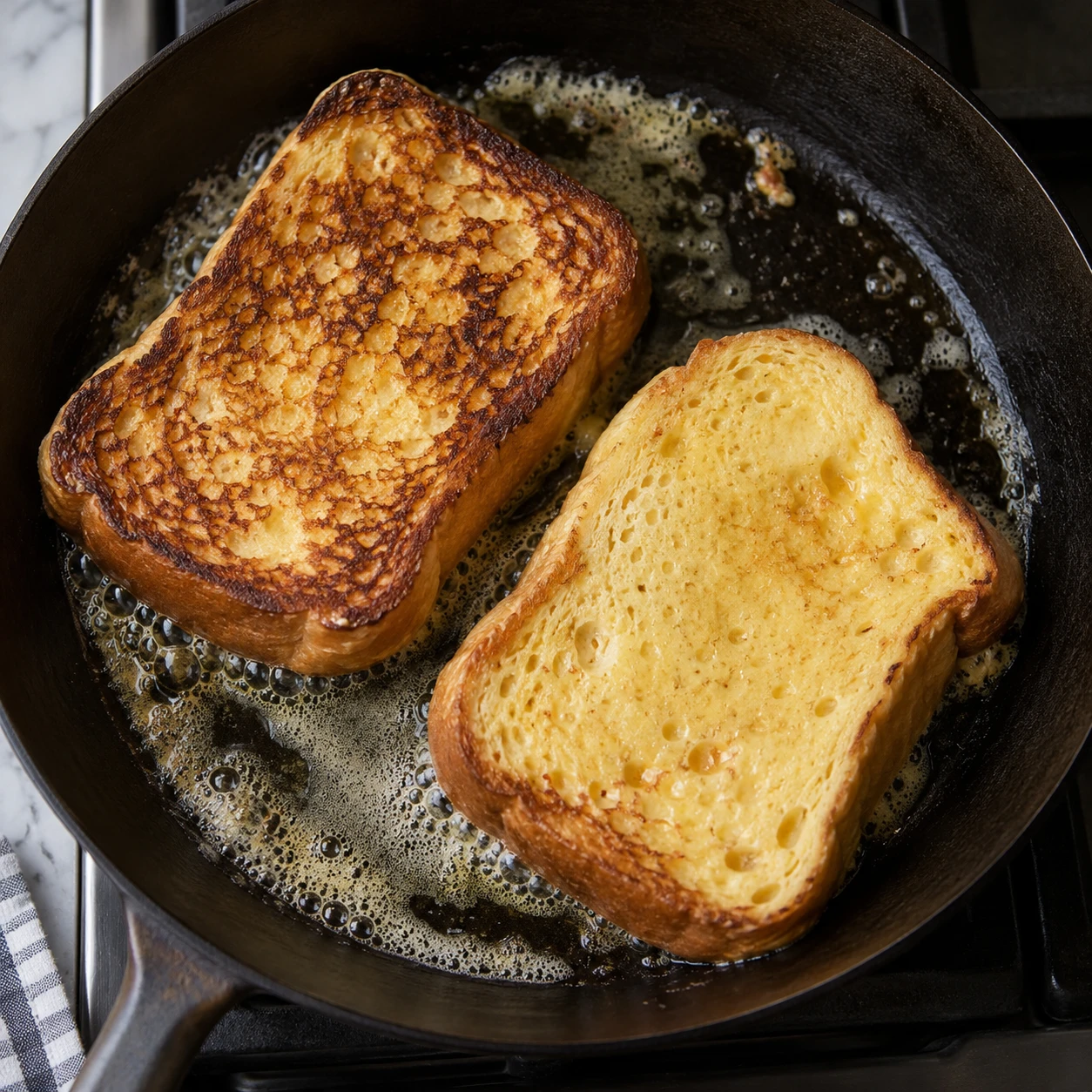 Custard-soaked thick brioche slices cook in a buttered skillet until golden at the edges.