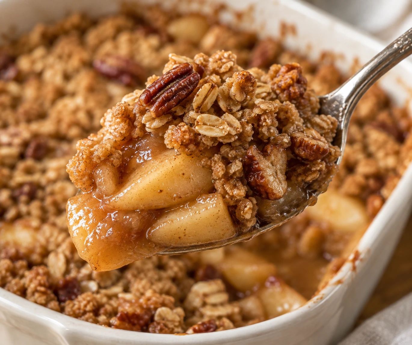 A spoonful of apple crisp shows golden oat clusters, toasted pecans, tender apple slices, and glossy sauce.