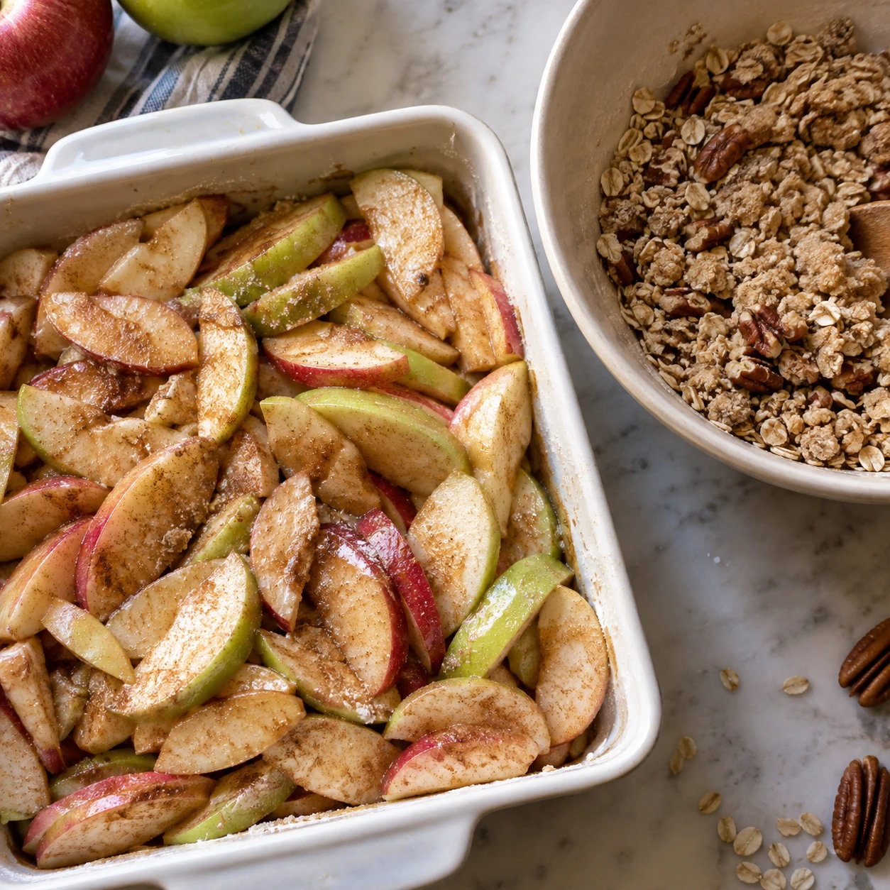 Mixed apple slices in a buttered baking dish sit beside loose oat and pecan crisp topping.
