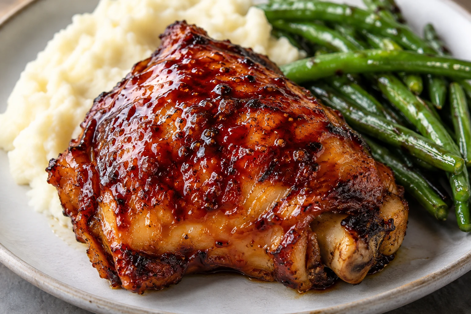 Sticky reddish-brown barbecue glaze covers a chicken thigh beside creamy potatoes and green beans.