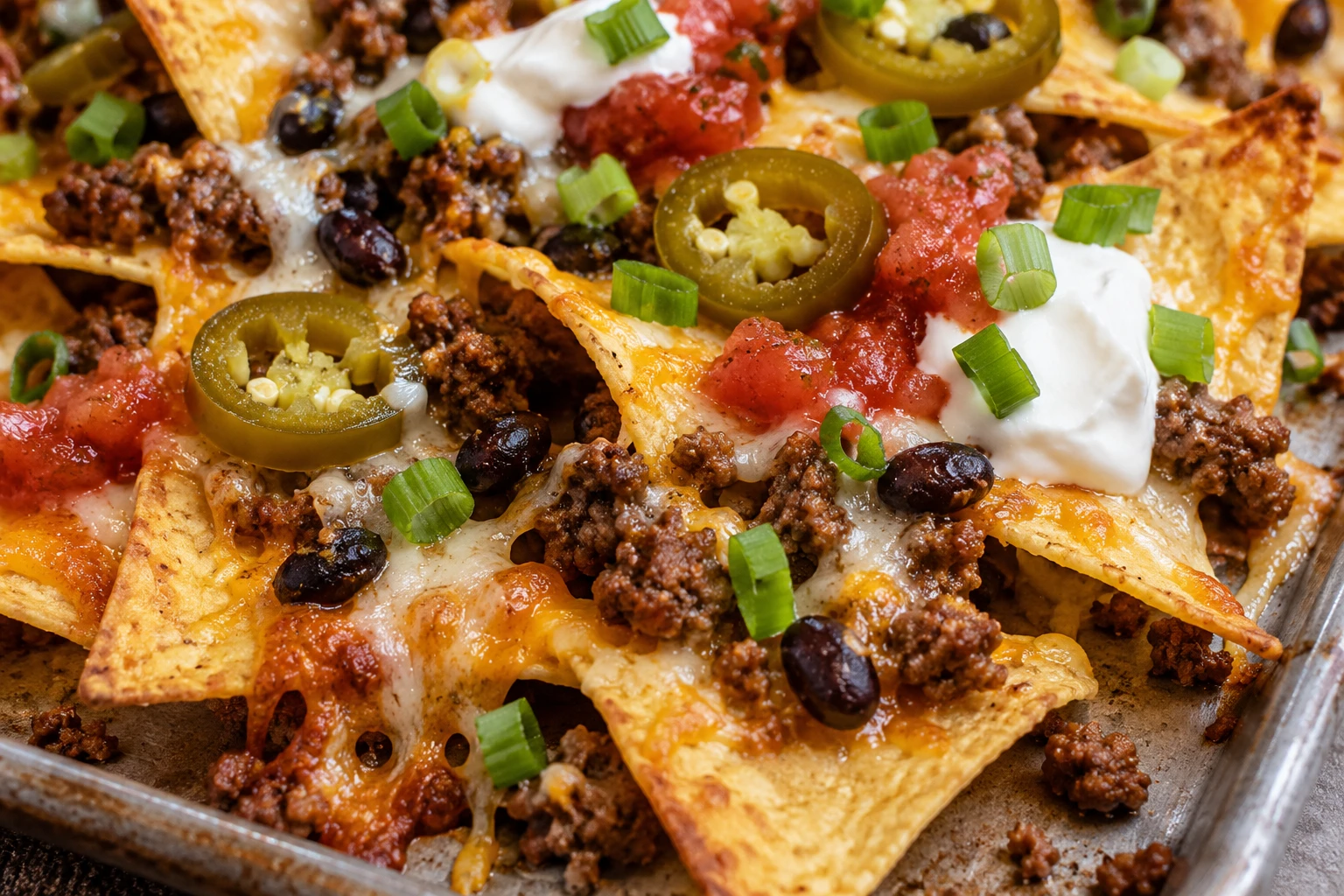 Melted cheese drapes over a crisp tortilla chip with beef, a black bean, jalapeño, salsa, sour cream, and scallion.