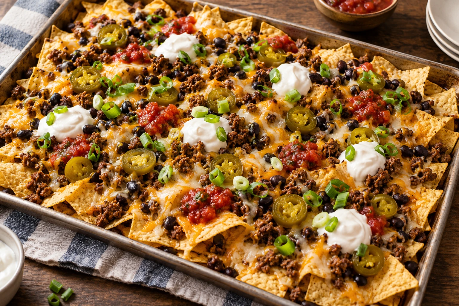 A wide sheet pan holds crisp-edged beef and black bean nachos with melted cheese, jalapeños, salsa, sour cream, and scallions.