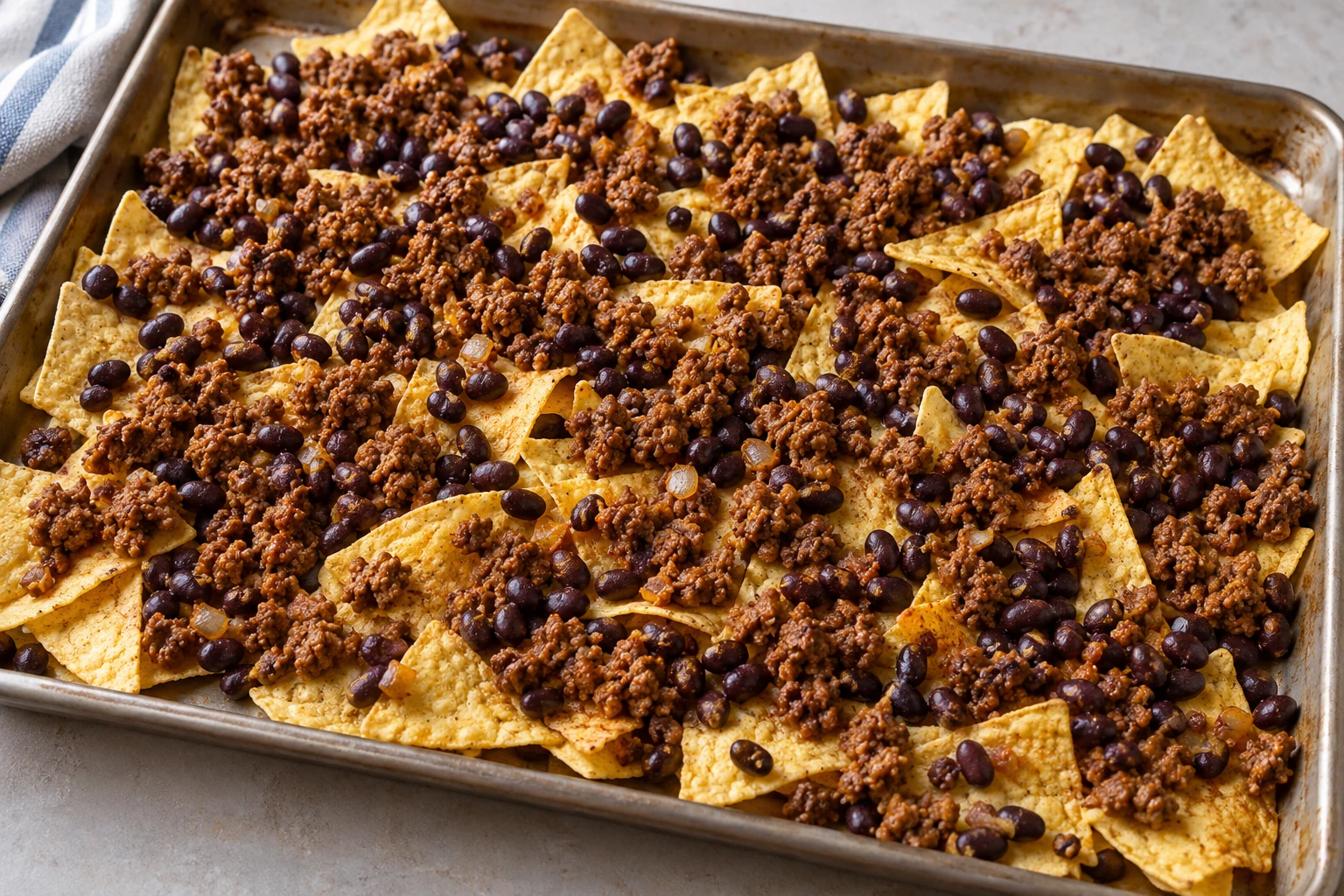 Seasoned beef and drained black beans are scattered over a shallow layer of tortilla chips on a rimmed pan.