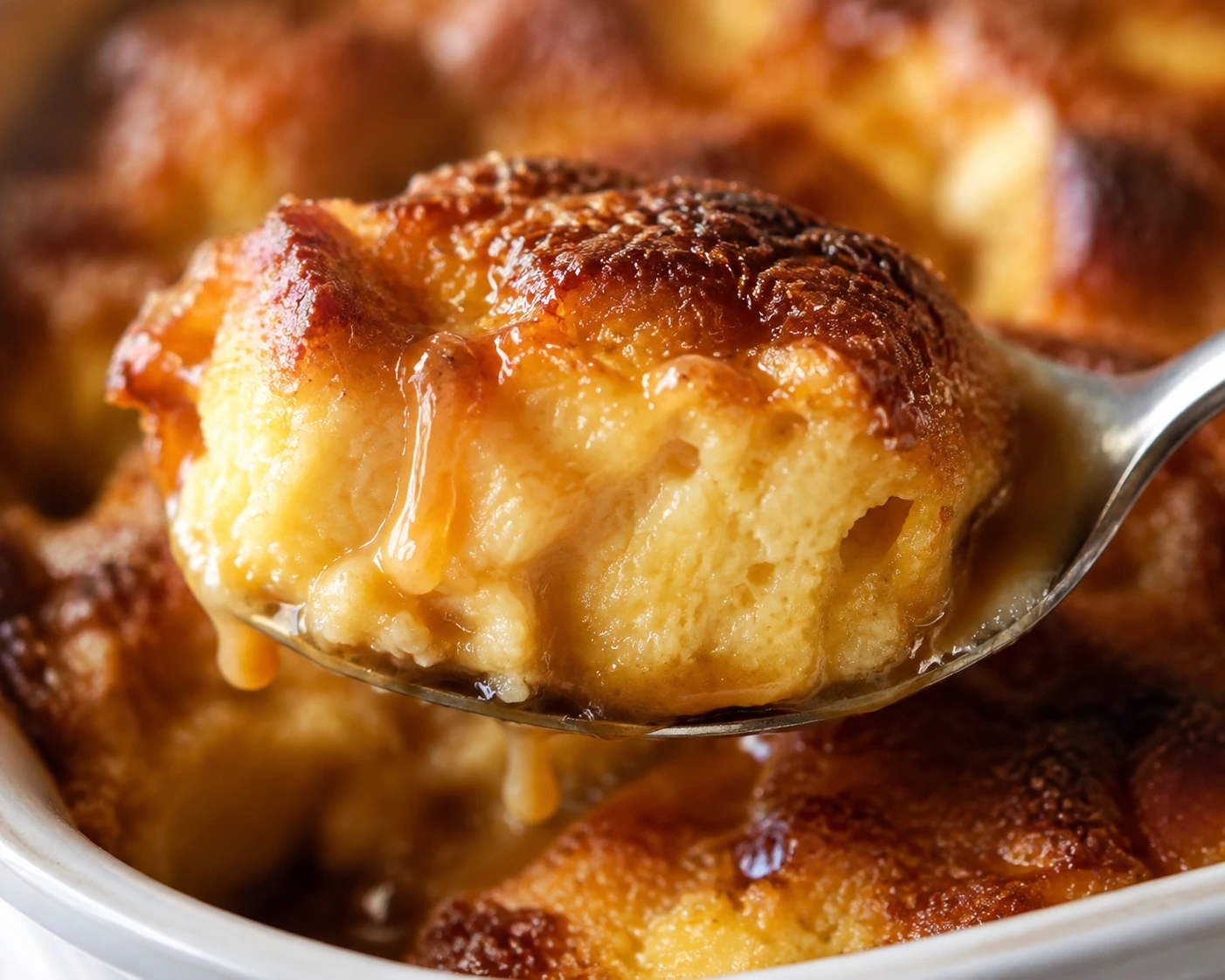 A spoonful shows the custardy interior and browned crisp top of bread pudding with glossy caramel.