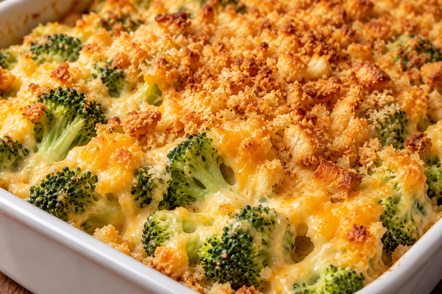 A close view shows tender broccoli and creamy cheddar beneath crisp golden cracker crumbs.